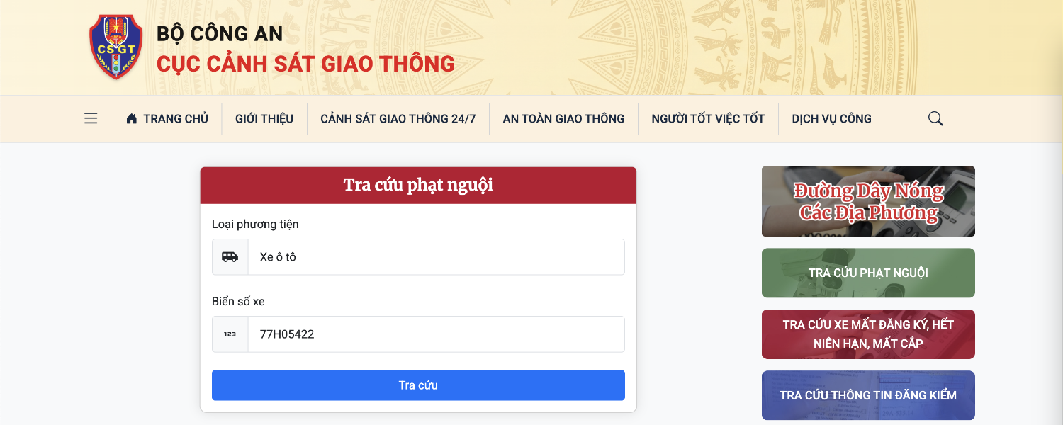 Công cụ Tra cứu phạt nguội tại website cục CSGT