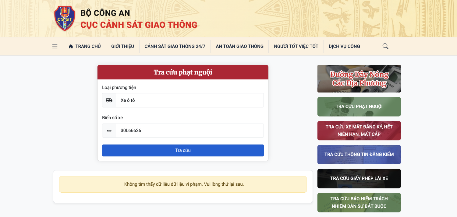 Kết quả Tra cứu phạt nguội tại website cục CSGT nếu không vi phạm