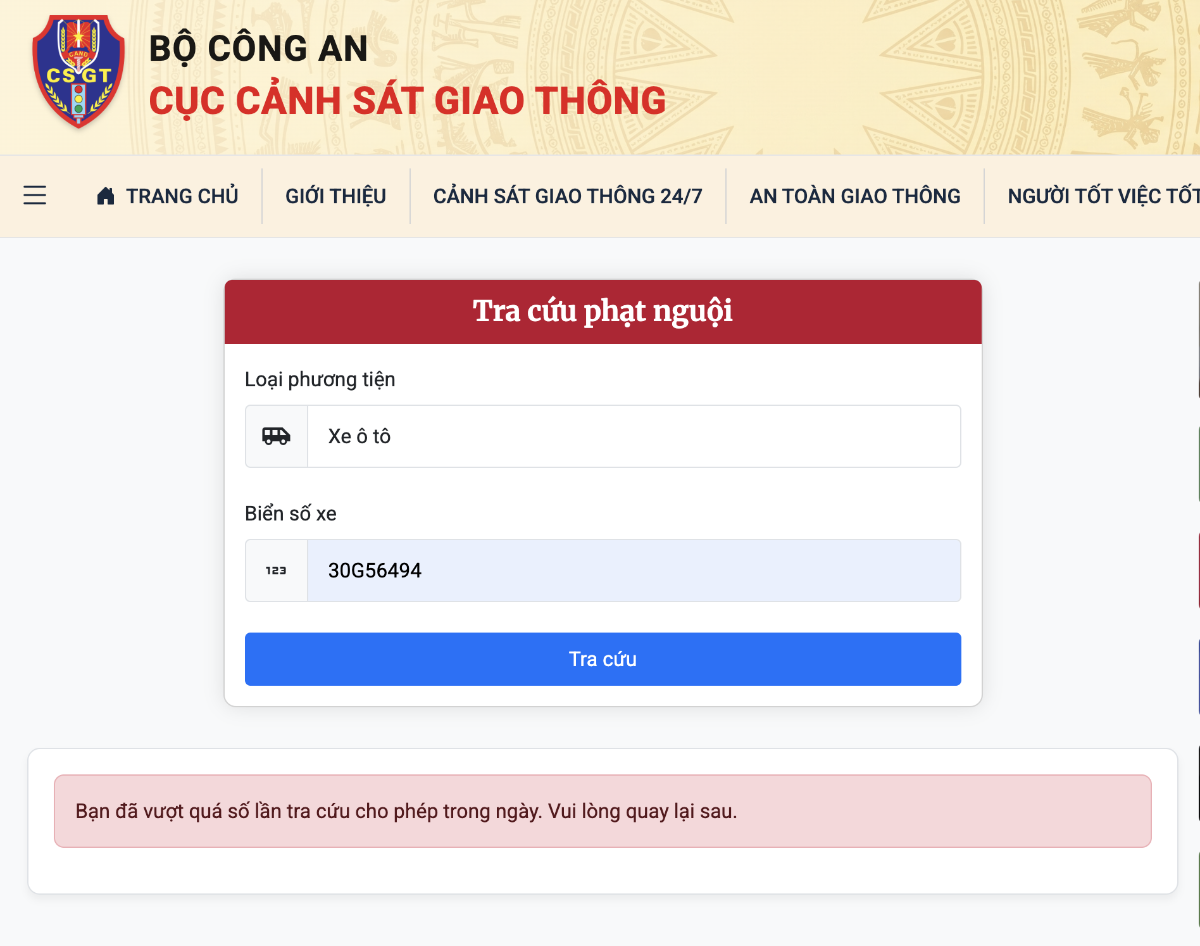 Lỗi Bạn đã vượt quá số lần tra cứu cho phép trong ngày. Vui lòng quay lại sau