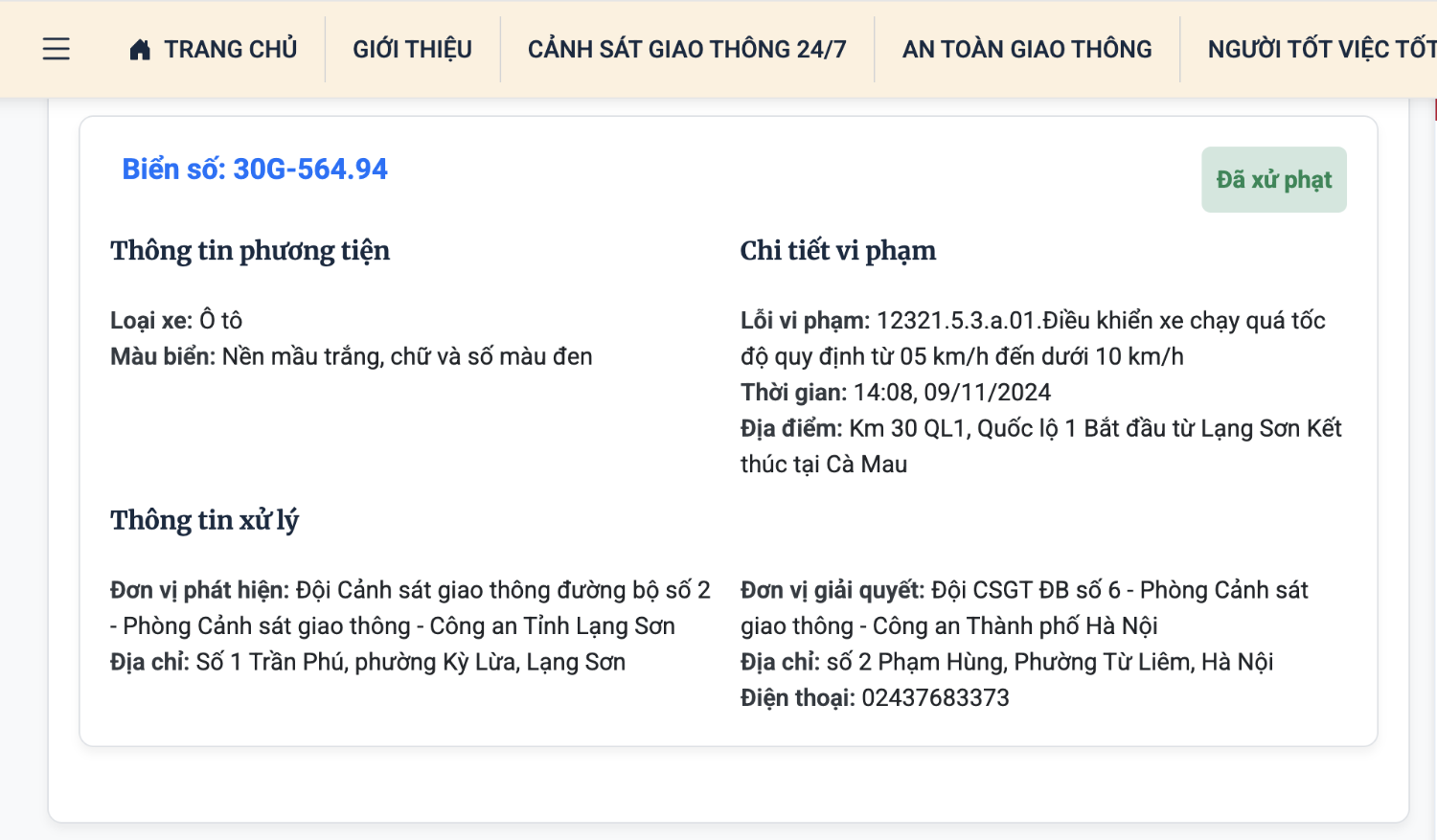 Thông tin vi phạm Giao thông hiển thị đầy đủ rõ ràng