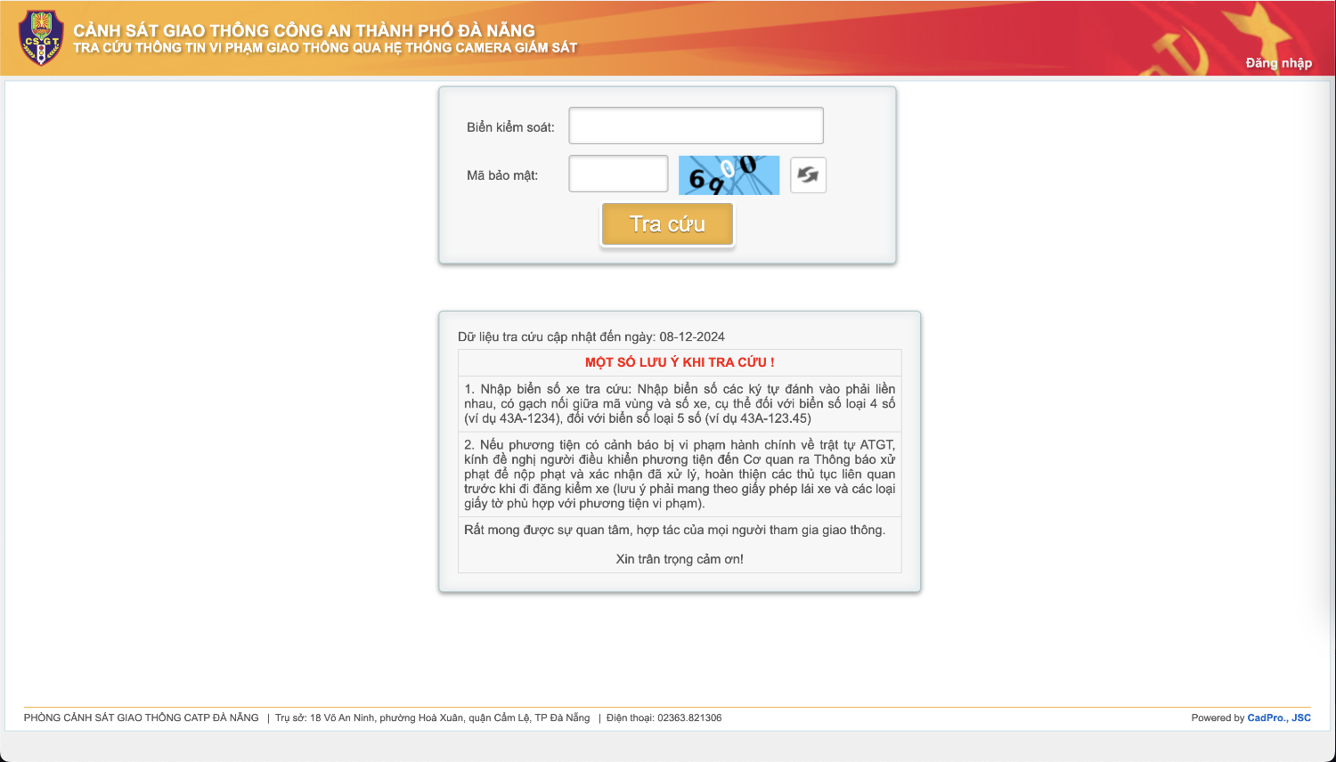 Tra cứu phạt nguội tại Website Phòng cảnh sát giao thông CATP Đà Nẵng