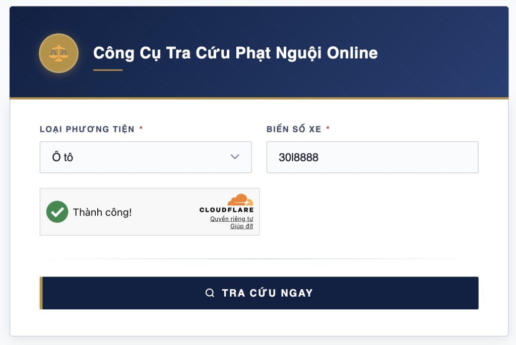 Công cụ Tra Cứu Phạt Nguội VNeTraffic tích hợp Cloudflare