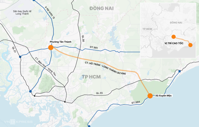 
Hướng tuyến cao tốc Long Thành - Hồ Tràm. Đồ họa: Tâm Thảo
