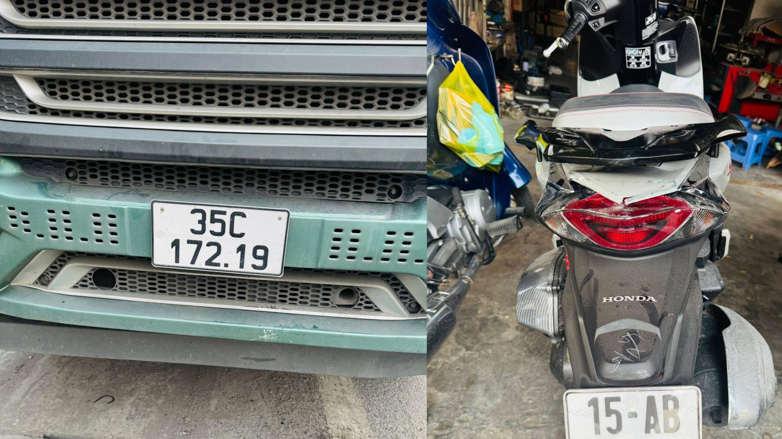 Xe máy còn nguyên vẹn sau khi bị xe tải ủn đi cả trăm mét.