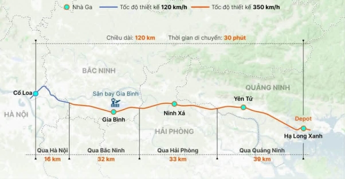 
Bản đồ hướng tuyến đường sắt cao tốc Hà Nội - Quảng Ninh. Đồ họa: Hoàng Khánh

