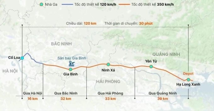 
Mô phỏng hướng tuyến đường sắt cao tốc Hà Nội - Quảng Ninh. Đồ họa: Hoàng Khánh
