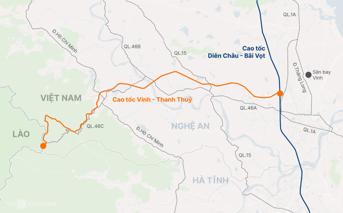 
Hướng tuyến cao tốc Vinh - Thanh Thủy. Đồ họa: Khánh Ly
