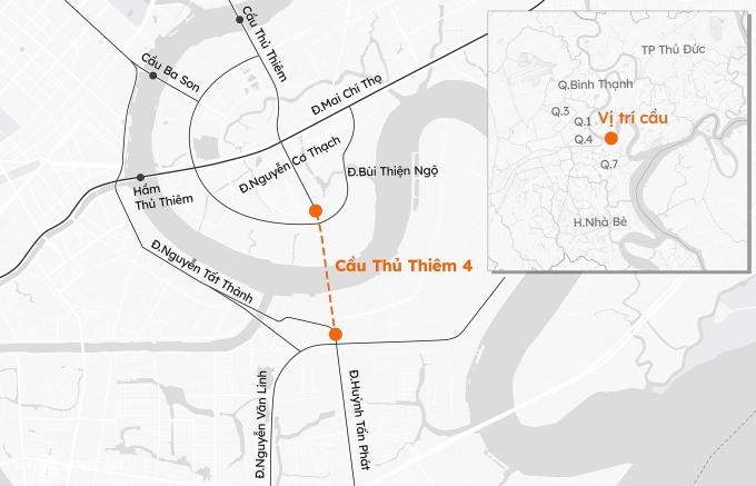
Vị trí dự kiến xây dựng cầu Thủ Thiêm 4. Đồ họa: Khánh Hoàng
