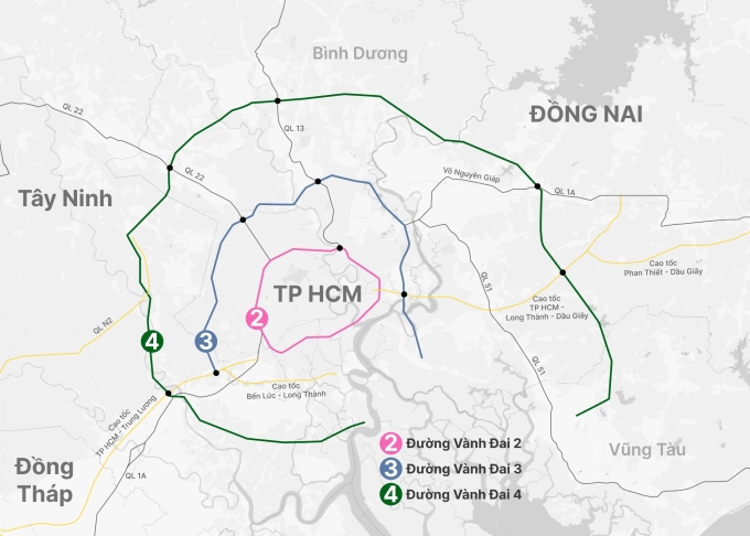
Hướng tuyến các đường vành đai TP HCM. Đồ họa: Hoàng Thanh
