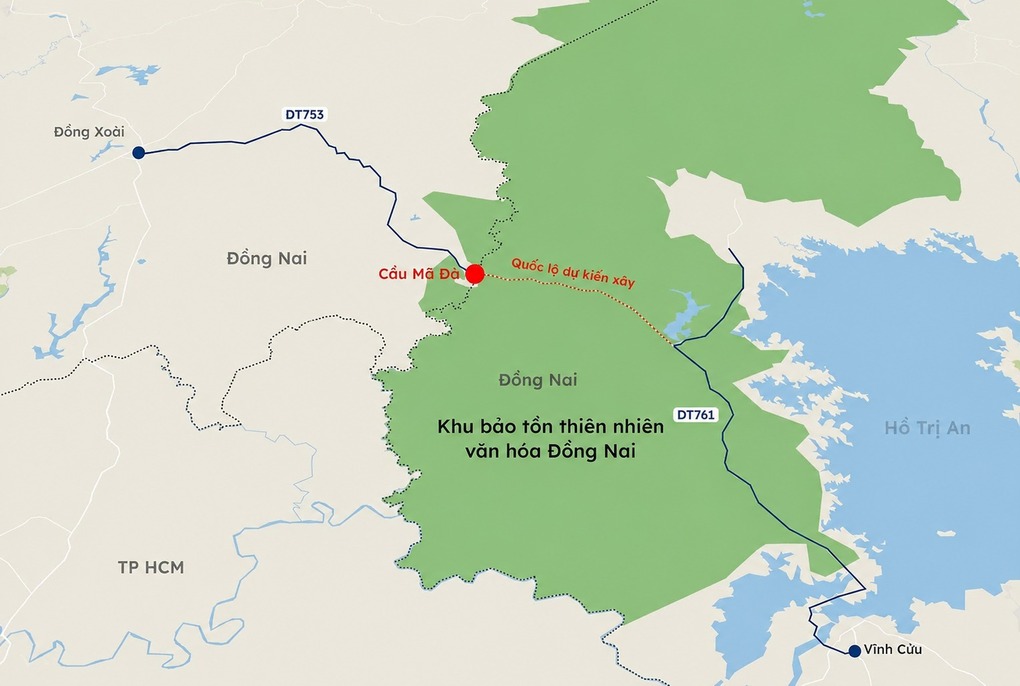 
Phương án xây cầu Mã Đà, đường xuyên khu sinh quyển. Đồ họa: Khánh Hoàng
