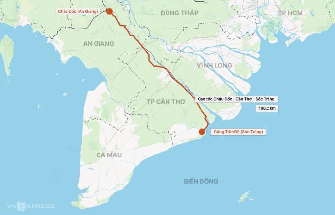 
Hướng tuyến cao tốc Châu Đốc - Cần Thơ - Sóc Trăng. Đồ họa: Tâm Thảo
