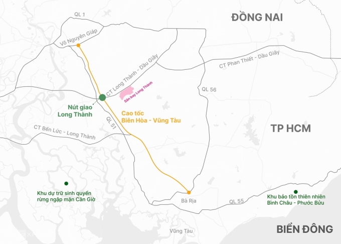 Vị trí nút giao Long Thành và hướng tuyến cao tốc Biên Hòa - Vũng Tàu, TP HCM - Long Thành - Dầu Giây. Đồ họa: Hoàng Thanh