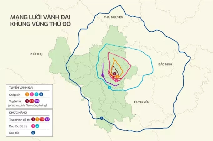 
Hệ thống vành đai Hà Nội. Đồ họa: Tiến Thành 

