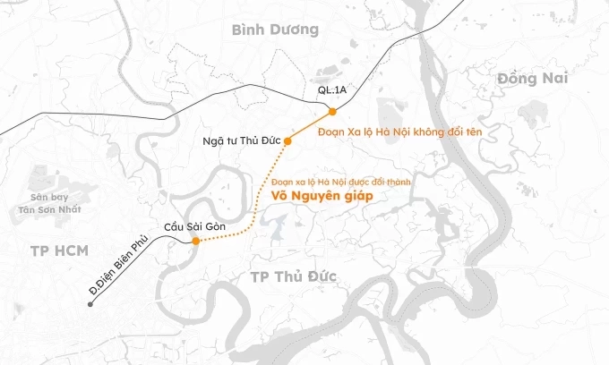 Hướng tuyến xa lộ Hà Nội và phân đoạn sau khi đổi tên. Đồ họa: Khánh Hoàng
