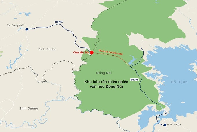 Phương án xây cầu Mã Đà, đường xuyên khu sinh quyển. Đồ họa: Khánh Hoàng
