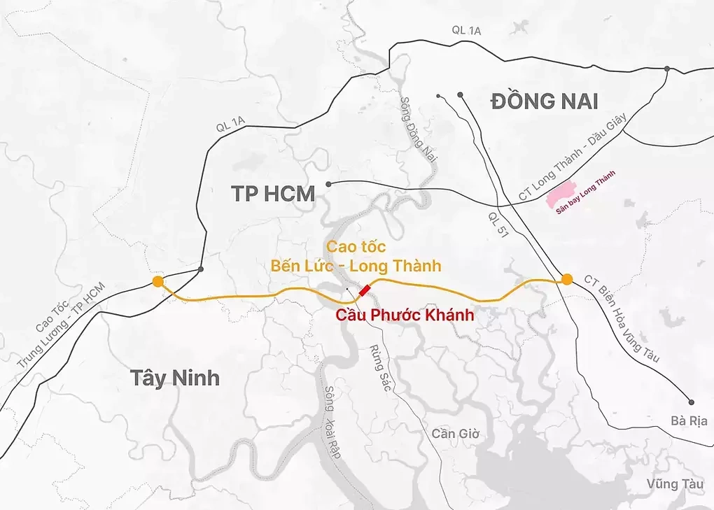 Hướng tuyến cao tốc Bến Lức - Long Thành, đoạn cầu Phước Khánh là hạng mục lớn cuối cùng đang thi công. Đồ họa: Hoàng Thanh